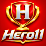 Hero11 Game logo featuring a metallic silver trophy emblem on a red background